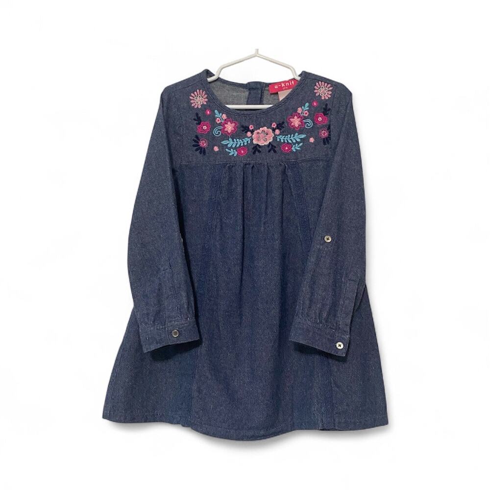 U Knit Girls Denim Long Sleeve Embroidered Floral Pattern Dress 5T